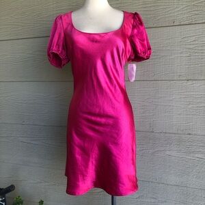 NWT Lush Beautiful Satin Hot Pink Mini Dress with Puff Sleeves Size Small